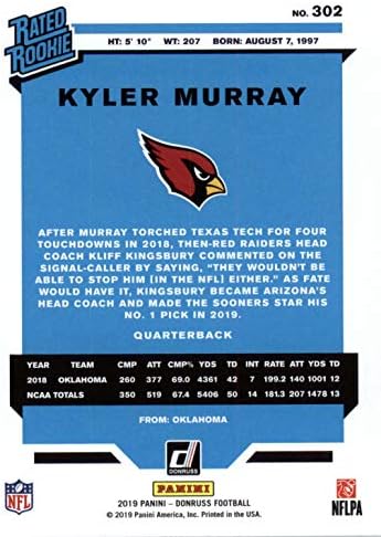 Kyler Murray 2019 Donruss Rövid Nyomtatott Menta NÉVLEGES ÚJONC Kártya 302 Elképzelni, hogy ez a Top NFL Draft Pick a Piros