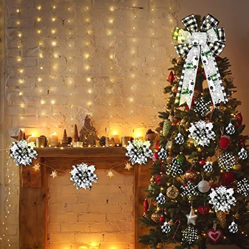 25 Db Karácsonyi Fekete Fehér Bölény Kockás Dekoráció Készlet, karácsonyfa Topper Íj a LED-es Lámpák, Mesterséges Mikulásvirág