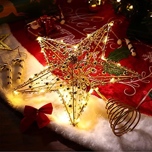 TOYANDONA Golden Star 1db Karácsonyi Csillag csúcsdíszt, Kivilágított karácsonyfa Topper Gyöngyös Arany karácsonyfa Dísz,