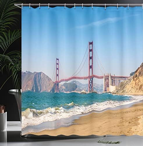 Ambesonne Táj Zuhanyzó Függöny, Panorámás Kilátással a Golden Gate Hidat San Francisco Tengerpart Természet Seascape, Szövet
