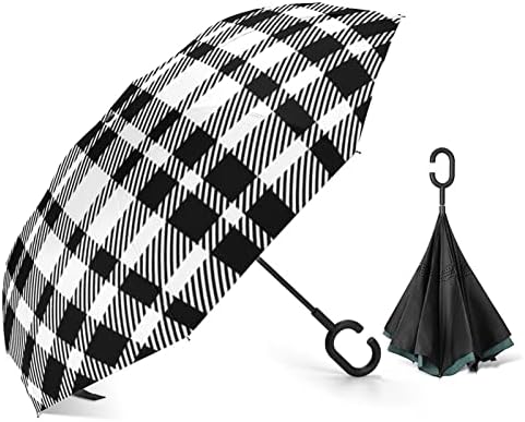 Fekete Fehér Bölény Kockás Nyomtatás Fordított Esernyő Szélálló Fordított Összecsukható Esernyő a C-Alakú Fogantyú a Férfiak