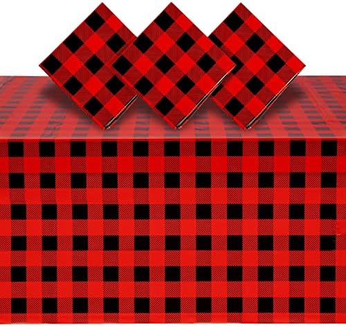 KÉK PANDA 3 Csomag Buffalo Kockás Műanyag Terítő a Favágó, Szülinapi Parti Dekoráció, Eldobható Piros, illetve Fekete Asztalt