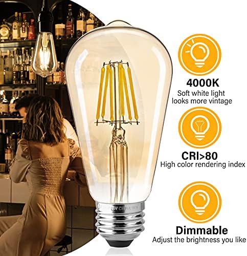 Brightown Vintage Edison LED Izzók - 6 Csomag 6W, E26 LED Izzó 60 Watt Egyenértékű, Szabályozható LED Izzók, Antik ST64 Amber