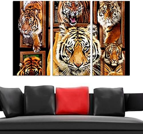 3 Panelek Keretes Vászon Wall Art 3D Tigrisek Jön Ki, Festmények, Modern Otthon Art Kész Lógni 12x24
