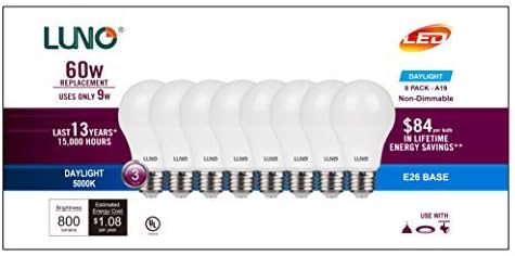 LUNO 19 Nem Szabályozható LED Izzó, 9.0 W (60W Egyenértékű), 800 Lumen, 4000K (Semleges Fehér), Közepes Bázis (E26), UL Minősített