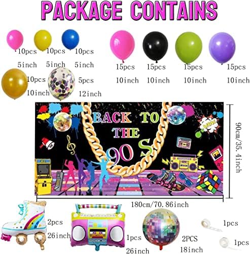 90-es évek Party Dekoráció 90-es Fél Csomag Tartalmazza a Lila Rózsa Piros, Zöld, Arany, Fekete Léggömb, Konfetti, magnóval,