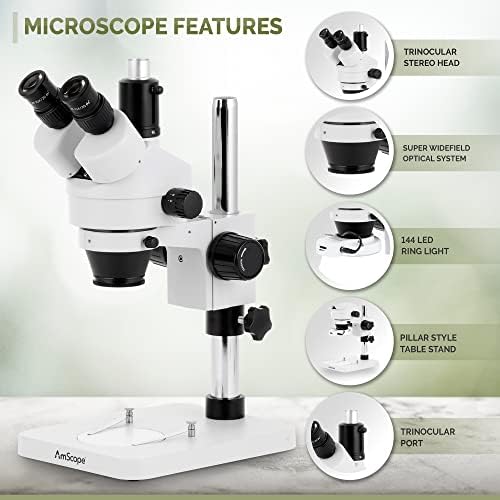 AmScope SM-1TSZZ-144S-5M Digitális Profi Trinocular Sztereó Zoom Mikroszkóp, WH10x, valamint WH20x Szemlencse, 3,5 X-180X