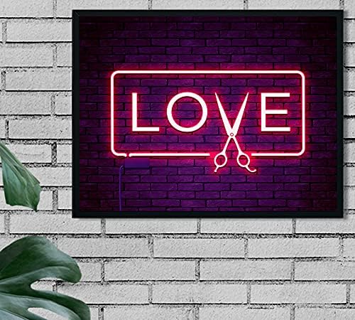 A szerelem Olló Wall Art 14x11 Keretben Poszter Nyomtatás Modern Neon Tégla Stílus Fodrászat, fodrászat, szépségszalon, dekorációval.