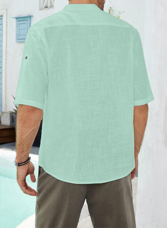 Dokotoo Férfi 2023 Alkalmi Nyári Egyszerű, Rövid Ujjú Pamut Ágynemű T-Shirt Állvány V-Nyak Gallér Gomb Strand Ing