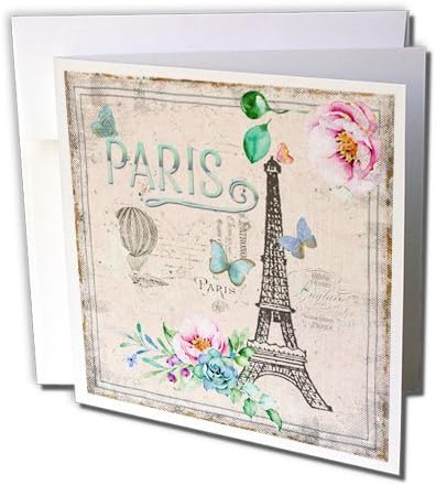 3dRose Párizs Franciaország Eiffel-Torony Kopott Virágos Szöveges Illusztráció Vintage - üdvözlőlap, 6 x 6, Egységes (gc_252363_5)