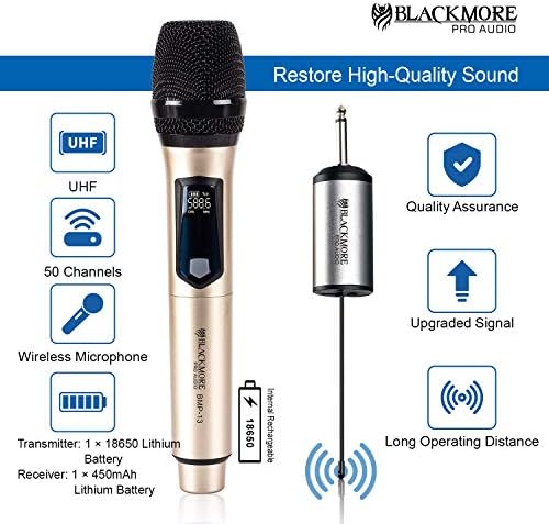 Blackmore UHF Vezeték nélküli Kézi Dinamikus Mikrofon Rendszer Újratölthető Vevő, 200ft Tartomány, 1/4 Csatlakozó, PA Rendszer,