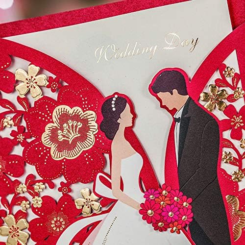 Hosmsua 5x7.3 Inch 50PCS Üres Piros Lézerrel Vágott Esküvői Meghívók, Kártyák Menyasszony & Vőlegény Arany Virág Zseb Eljegyzés