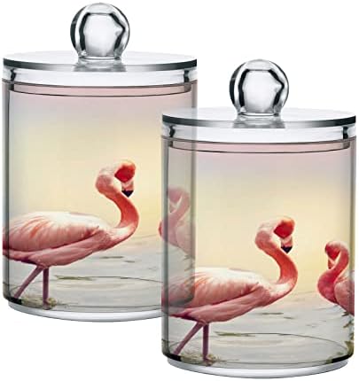 ALAZA 2 Csomag Qtip Jogosultja Adagoló Két Flamingók Víz Közelében Fürdőszoba Szervező Tartályokat a Vatta/Törlő/Párna/Fogselyem,Műanyag