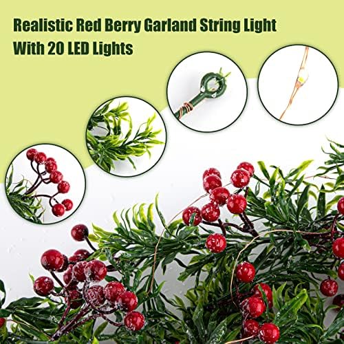 Karácsonyi Koszorú String Fények, 5.9 Ft Hosszú Piros Bogyók Zöld Levelek 20 LED-es Lámpák a karácsonyfa Dekoráció Hálaadás