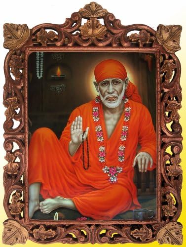 Lord Sai Baba Garland Viselt, nem adta Áldását Posztert, Festményt a Kezében Kézműves Fa Kézműves Keret