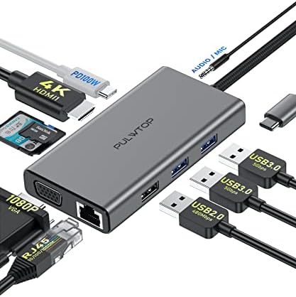10 az 1-ben USB-C Hub Többportos Adapter, USB C Dokkolóállomás HDMI 4K 30Hz, VGA, Ethernet, USB 3.0, USB 2.0, TF/SD, Audio,