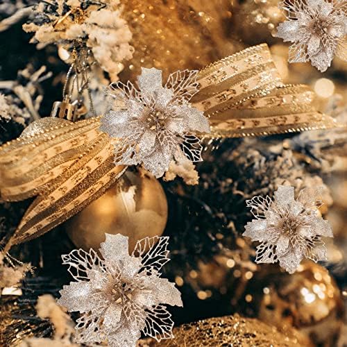 24pcs Nagy Mikulásvirág, Karácsonyi Díszek IGOOUO Elegáns Rose Gold Karácsonyi Gliter Mikulásvirágok a karácsonyfa Koszorú