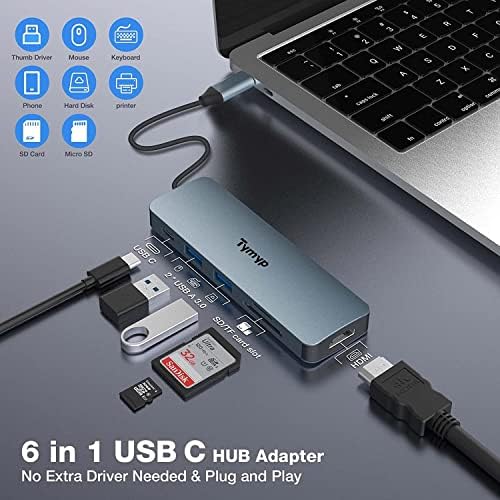 Hub USB-C, Tymyp 6 az 1-ben USB-C Hub 4K HDMI 2 USB 3.0, 100W PD Port, SD/TF Kártya Foglalat, Kicsi, Hordozható Adapter USB-C-C
