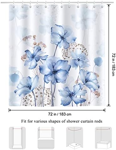 Bonhause Kék Virágos zuhanyfüggöny Akvarell Virág, Dekoráció Fürdő Függöny 72 x 72 Inch Poliészter Vízálló Fürdőszoba Függöny
