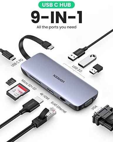 UGREEN USB-C Hub 9 az 1-ben USB C Típusú HDMI Többportos Dock Adapter a 4K HDMI VGA Gigabit Ethernet PD Töltés 3 USB 3.0